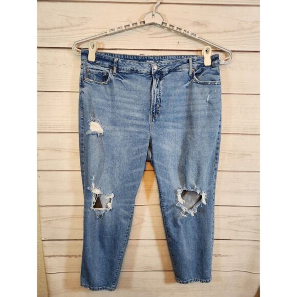 Old Navy Womens Blue Stretch High Rise Distressed Straight Cropped Jeans Size 22